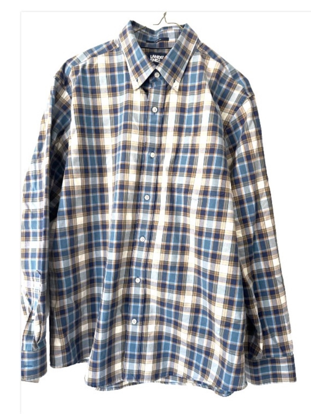 LANDS’ END Men’s L 100% COTTON Blue/ Gold PLAID SHIRT  16-16.5 Traditional fit